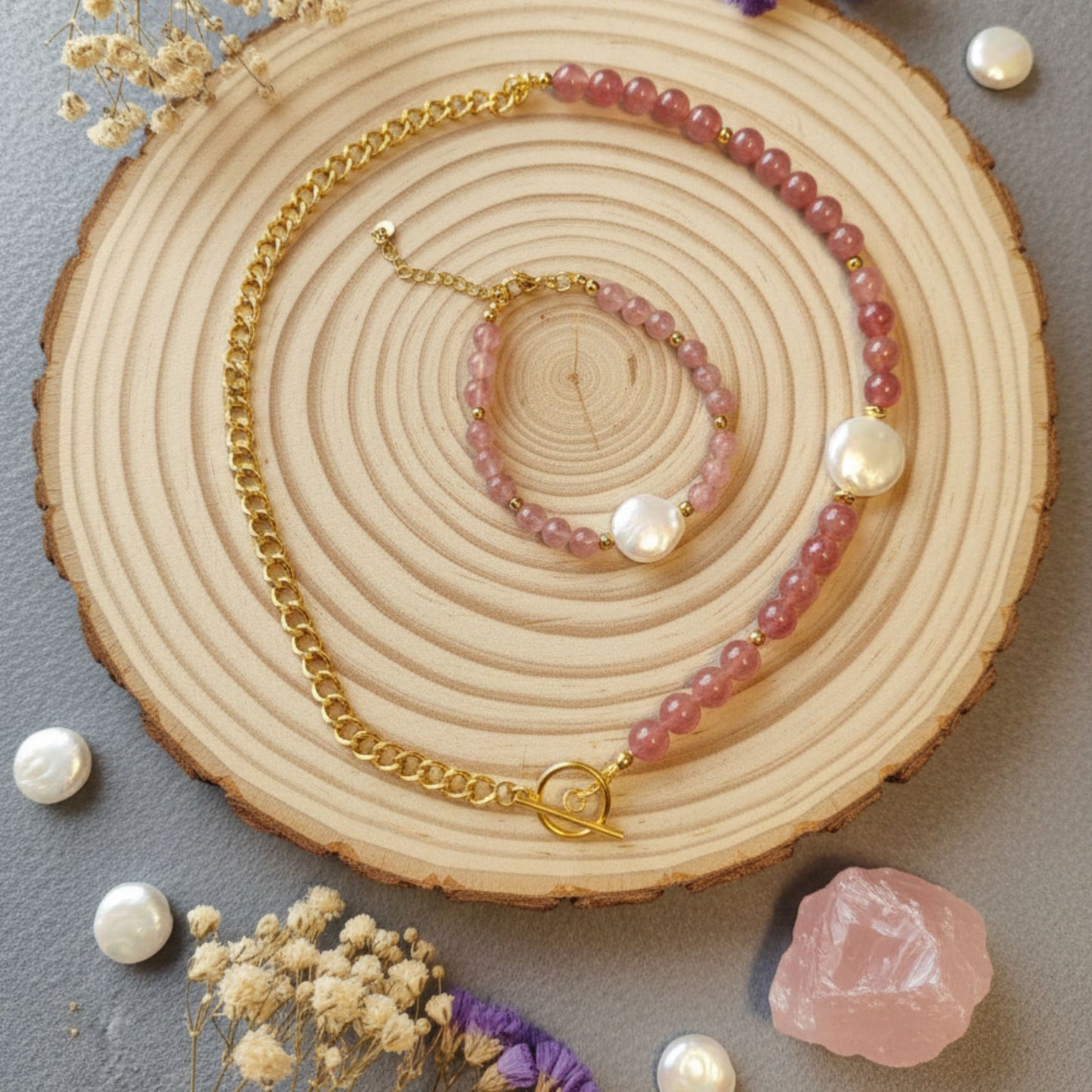 Colar Aura Rosa V – Quartzo Morango, Pérola Barroca e Aço Inox