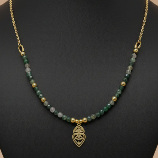 Colar Amuleto Ágata Musgo & Coração Protetor