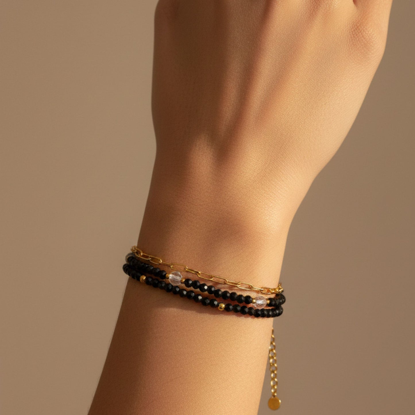 Conjunto Triplo Layering - Espinela, Quartzo e Aço Inox Dourado