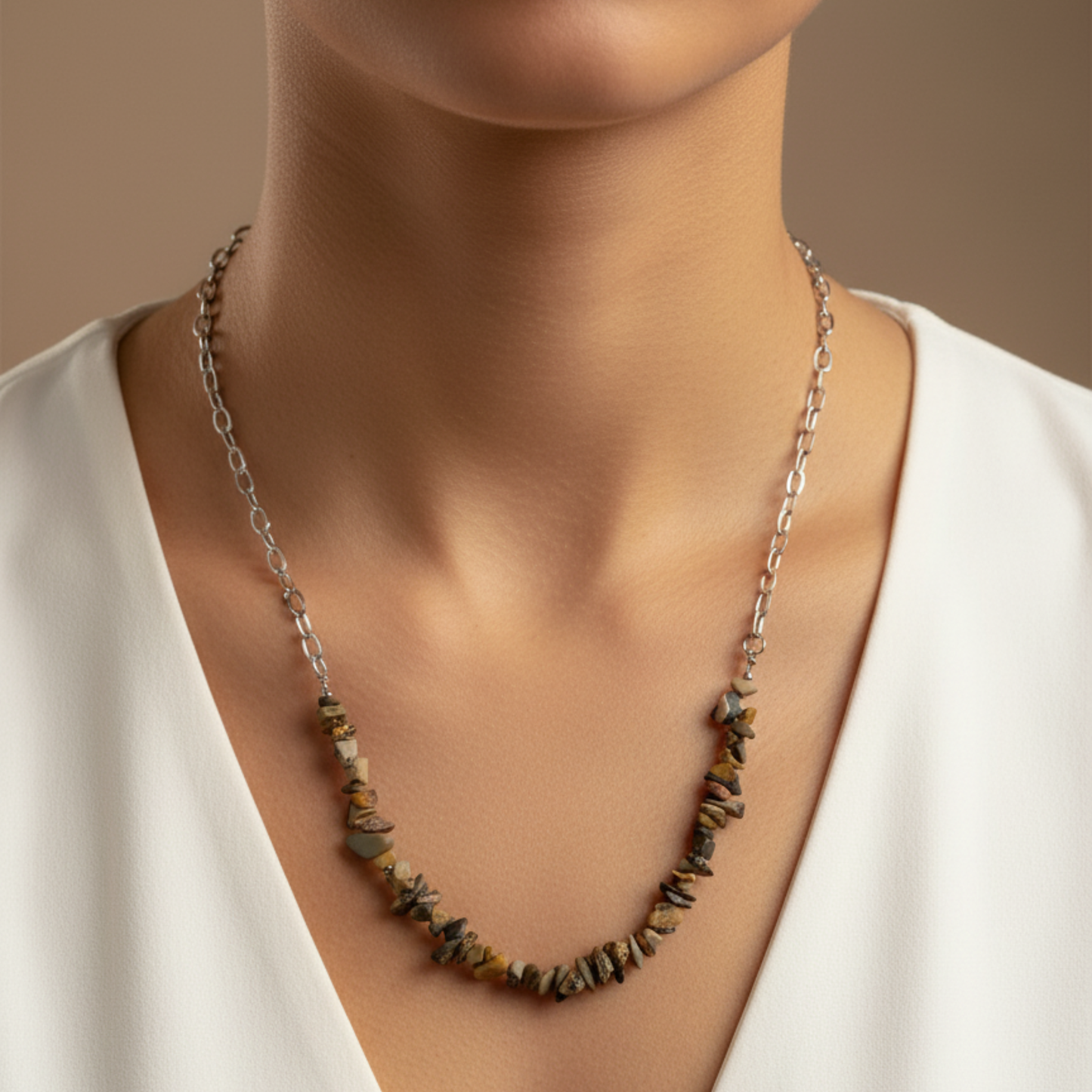 Colar Leopardite - Chips de Pedra Natural e Aço Inoxidável