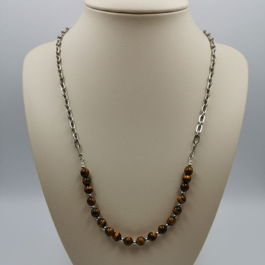 Colar Força e Estilo - Olho de Tigre e Corrente Prateada