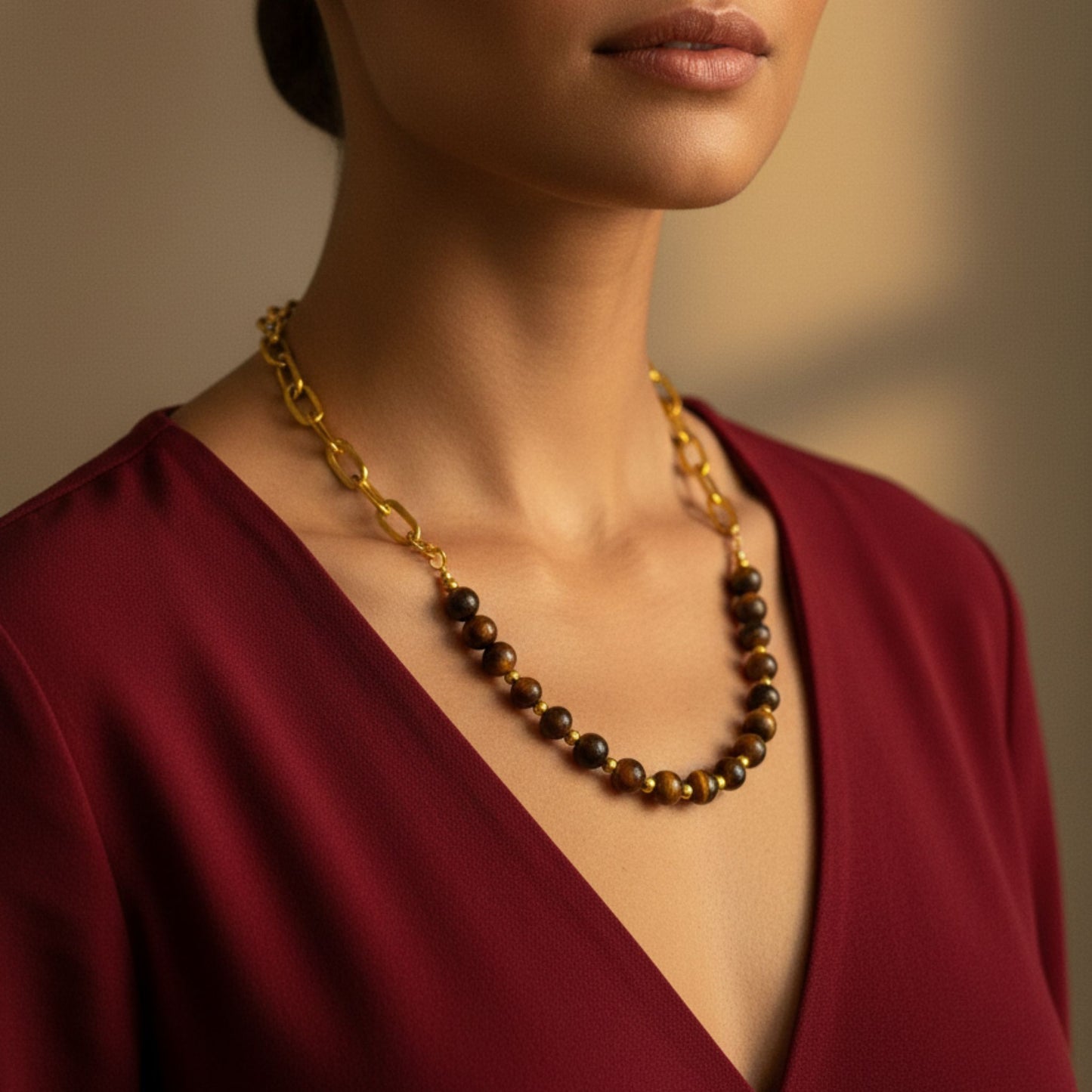 Colar Statement Olho de Tigre - Corrente Dourada