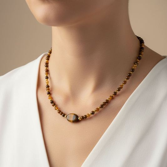 Colar Olho de Tigre - Proteção e Foco com Toque Dourado