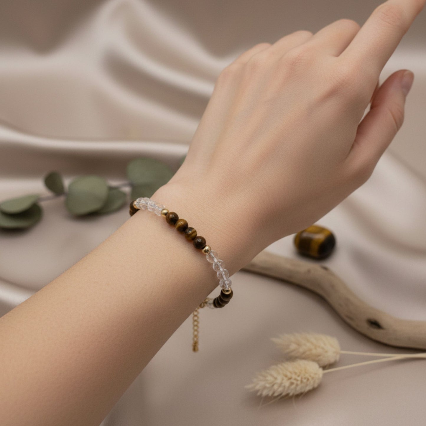 Pulseira Olho de Tigre e Quartzo Cristal