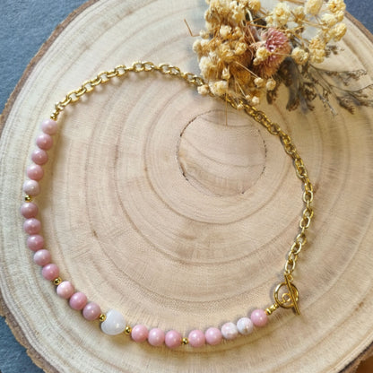 Colar Aura Rosa IV – Opala Rosa, Coração de Quartzo e Aço Inox