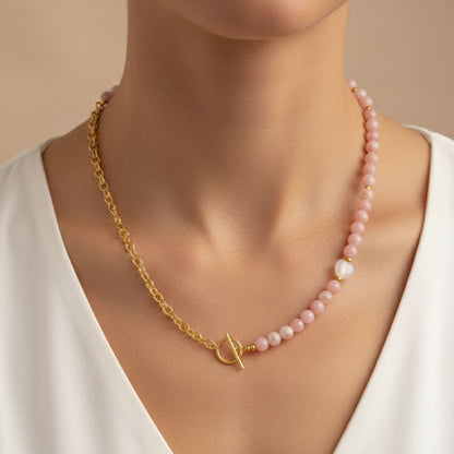 Colar Aura Rosa IV – Opala Rosa, Coração de Quartzo e Aço Inox