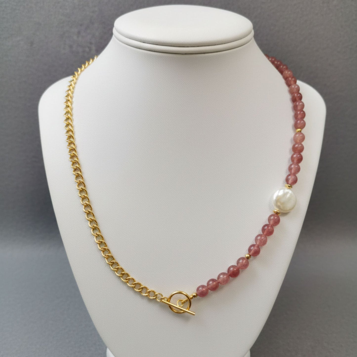 Colar Aura Rosa V – Quartzo Morango, Pérola Barroca e Aço Inox