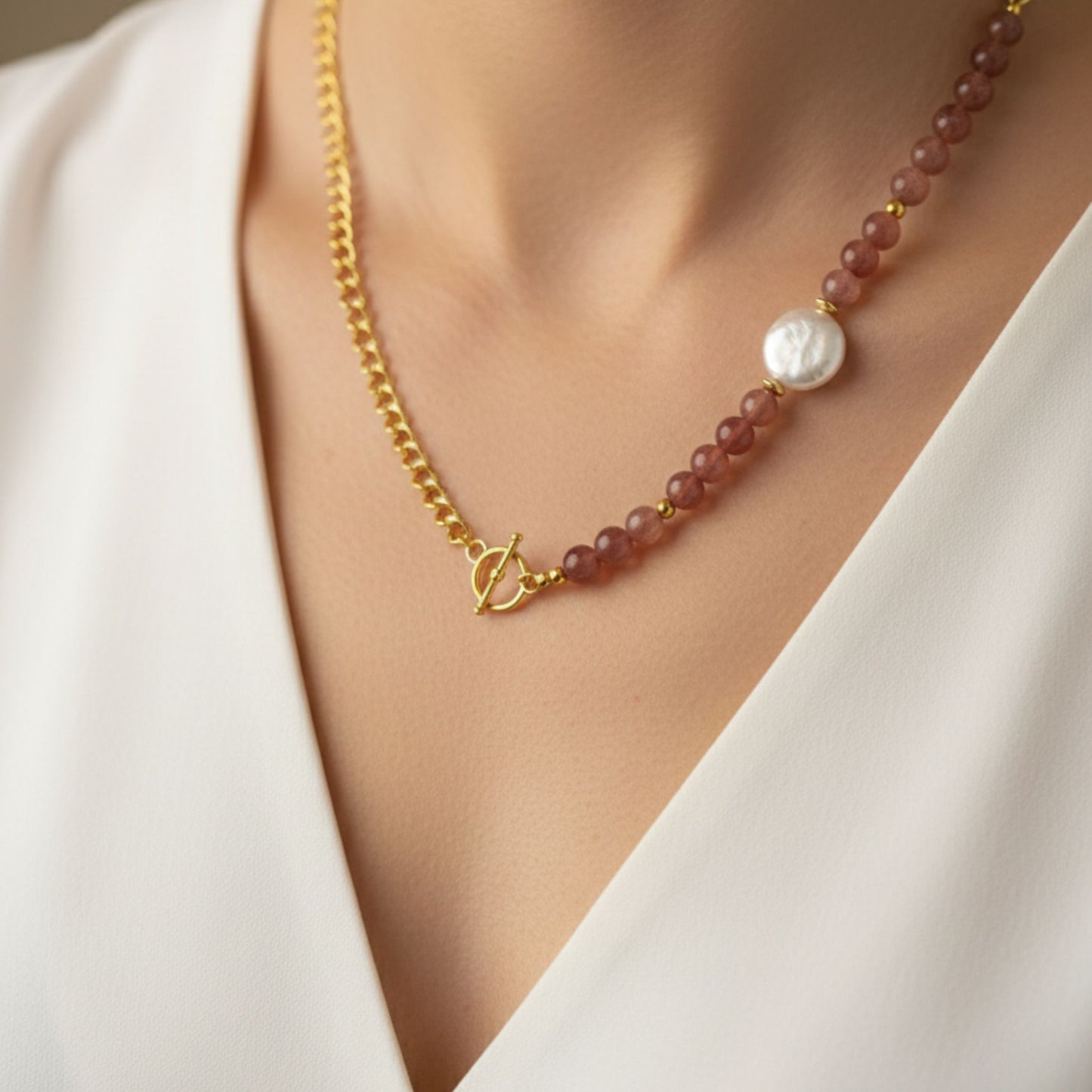 Colar Aura Rosa V – Quartzo Morango, Pérola Barroca e Aço Inox