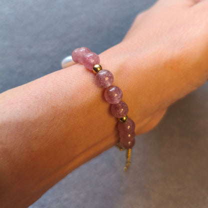 Pulseira Aura Rosa V – Quartzo Morango, Pérola Barroca e Aço Inox