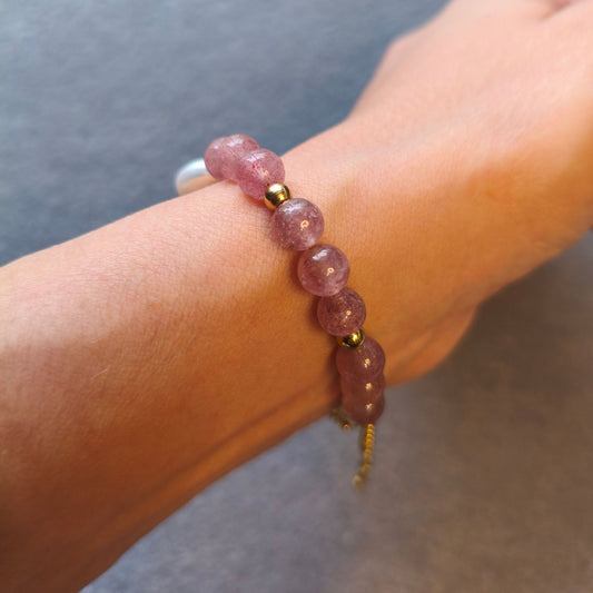 Pulseira Aura Rosa V – Quartzo Morango, Pérola Barroca e Aço Inox