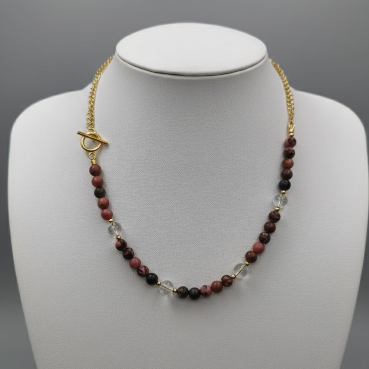 Colar Aura Rosa VII - 1 – Rodonite, Quartzo Cristal e Aço Inox