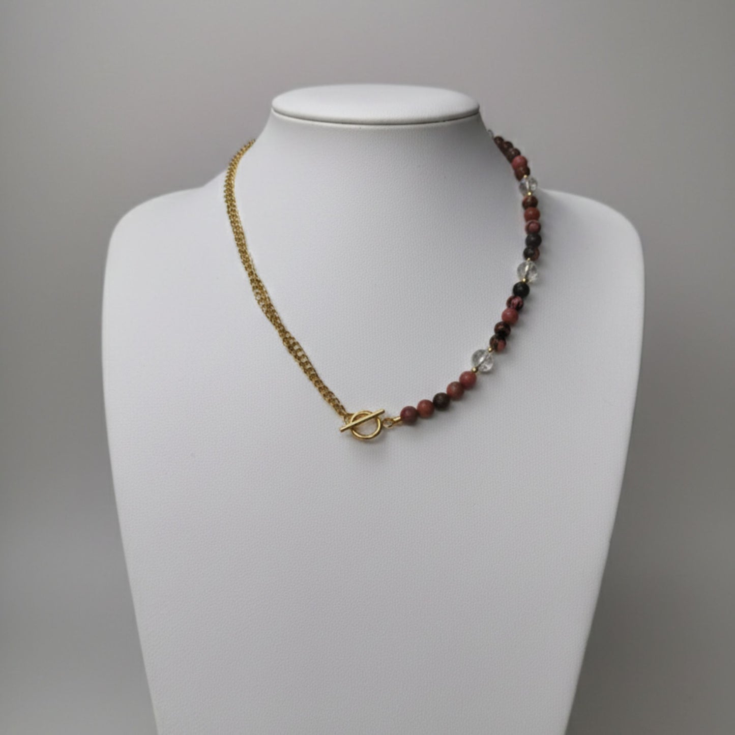 Colar Aura Rosa VII - 1 – Rodonite, Quartzo Cristal e Aço Inox