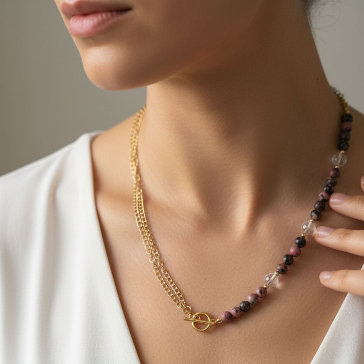 Colar Aura Rosa VII - 1 – Rodonite, Quartzo Cristal e Aço Inox