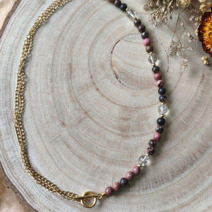 Colar Aura Rosa VII - 1 – Rodonite, Quartzo Cristal e Aço Inox