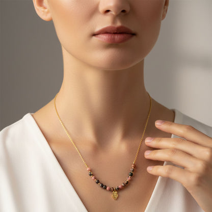 Colar Aura Rosa VII - 2 – Rodonite, Coração Sagrado e Aço Inox