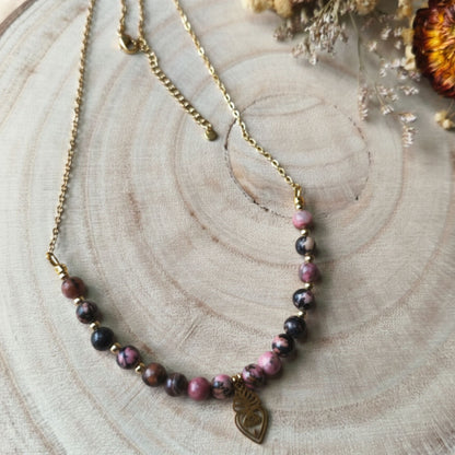 Colar Aura Rosa VII - 2 – Rodonite, Coração Sagrado e Aço Inox