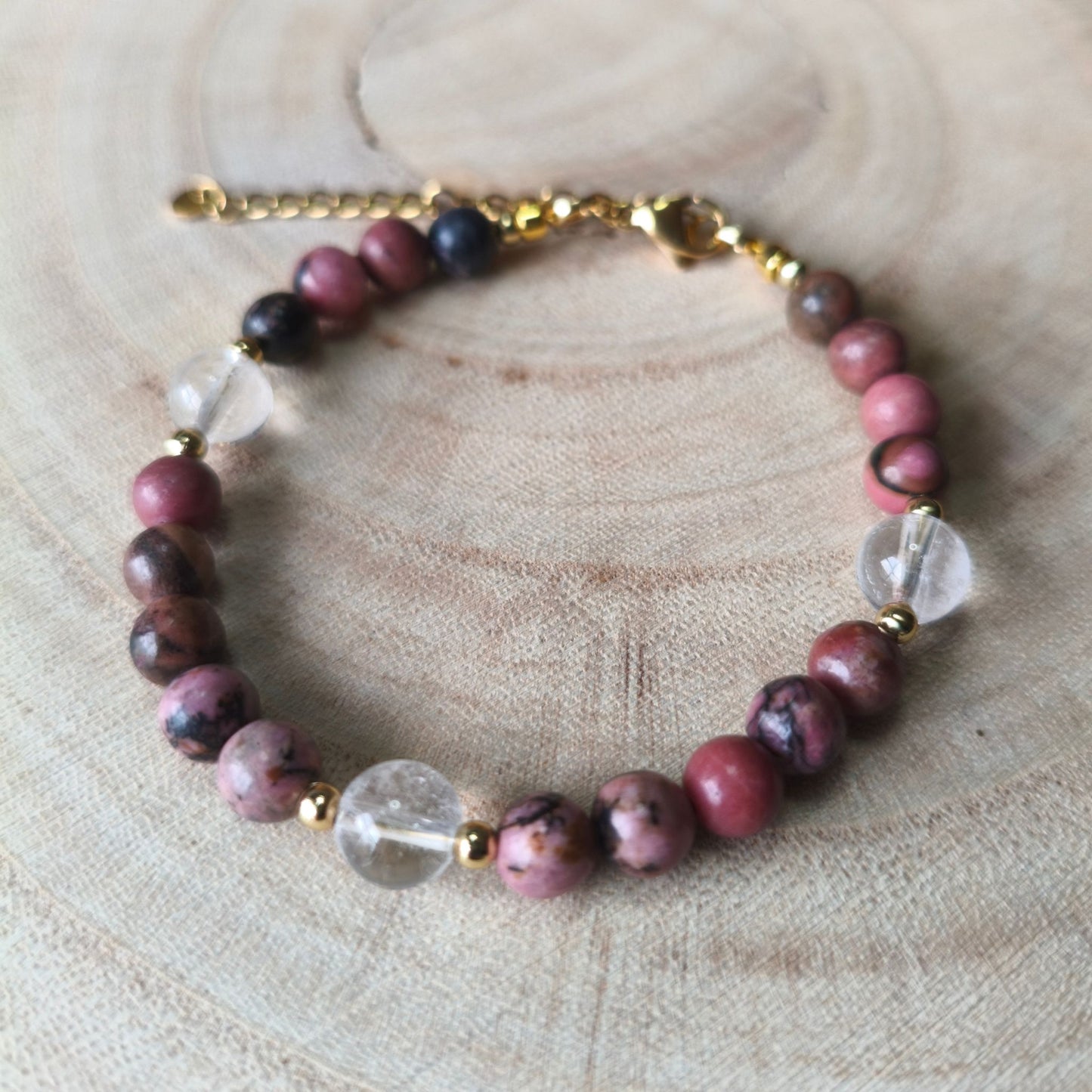 Pulseira Aura Rosa VII – Rodonite e Quartzo Cristal