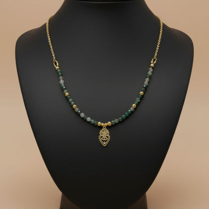 Colar Amuleto Ágata Musgo & Coração Protetor