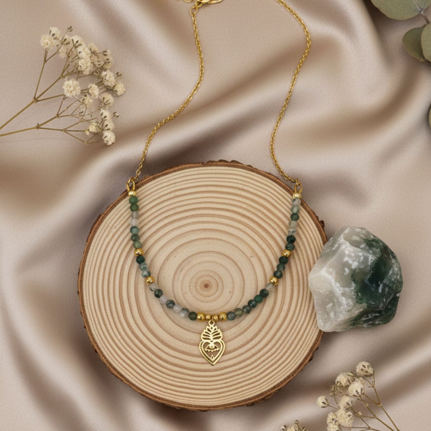 Colar Amuleto Ágata Musgo & Coração Protetor