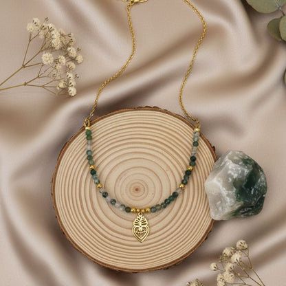 Colar Amuleto Ágata Musgo & Coração Protetor