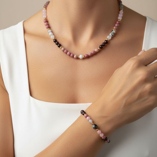 Colar Aura Rosa II – Pedra da Lua, Rodonite e Granada