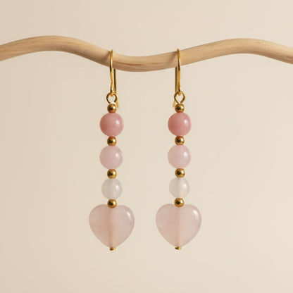 Brincos Aura Rosa – Trio de Cristais e Coração de Quartzo