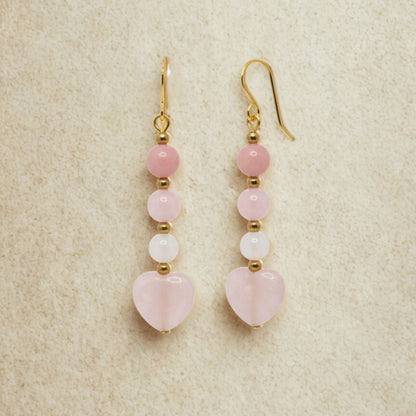 Brincos Aura Rosa – Trio de Cristais e Coração de Quartzo