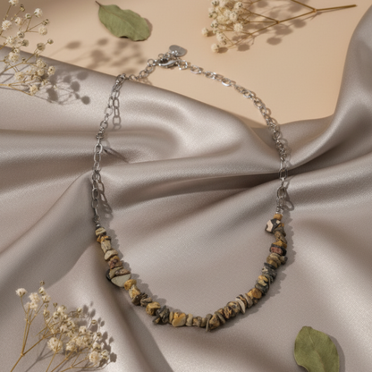 Colar Leopardite - Chips de Pedra Natural e Aço Inoxidável