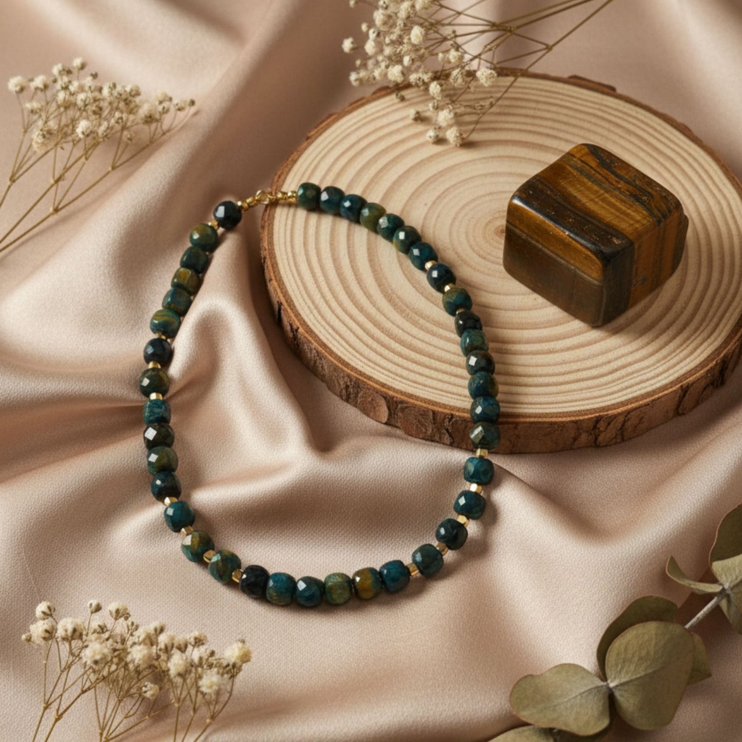 Colar Olho de Tigre Azul - Coragem e Calma com Toque Dourado