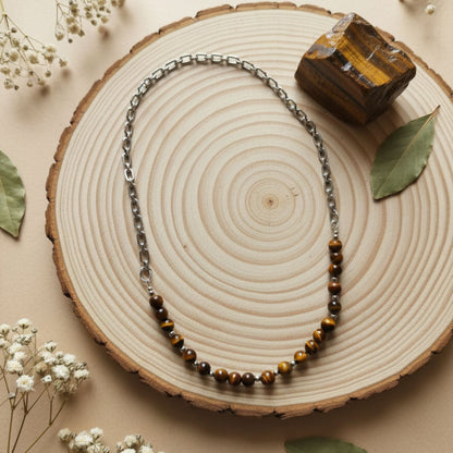 Colar Força e Estilo - Olho de Tigre e Corrente Prateada