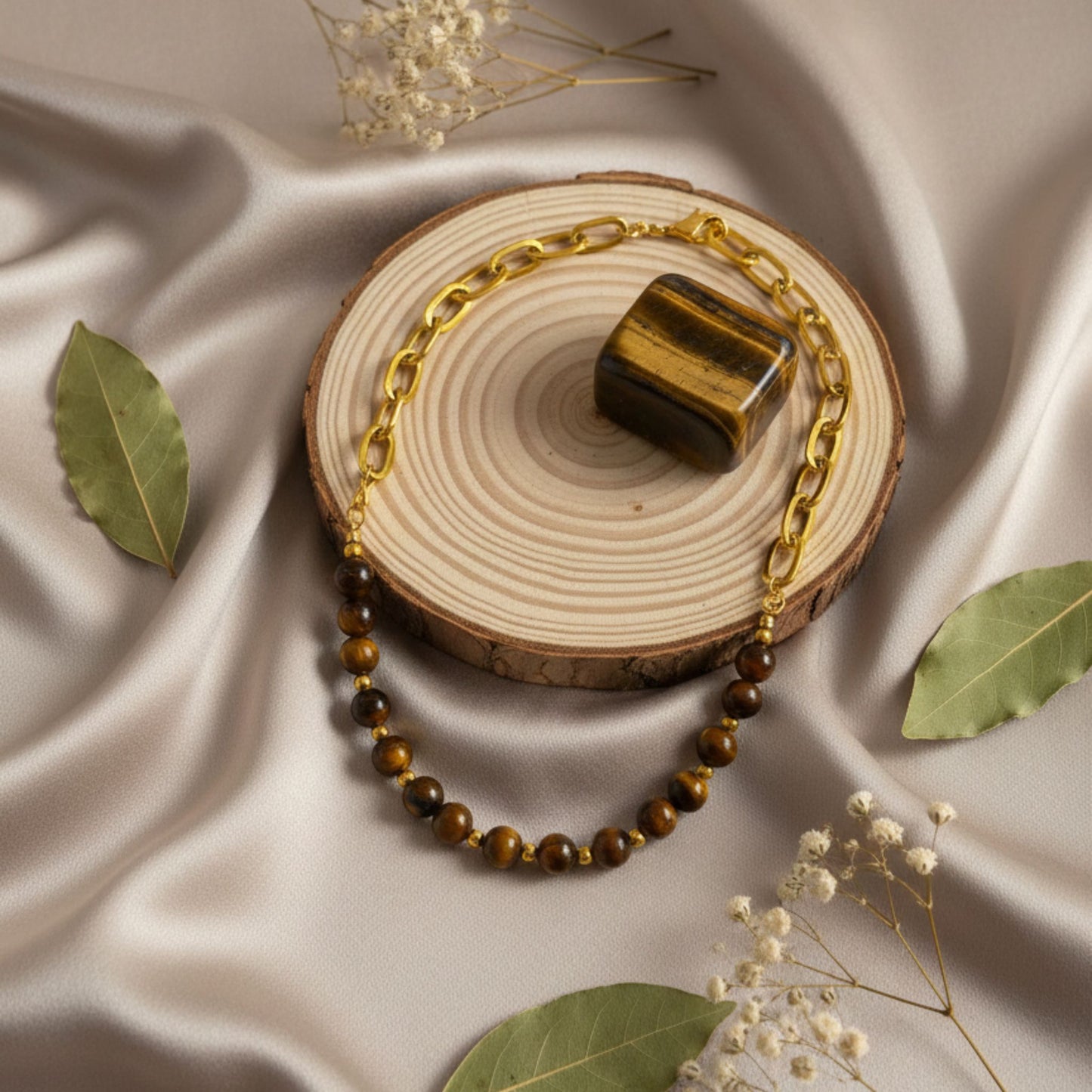 Colar Statement Olho de Tigre - Corrente Dourada