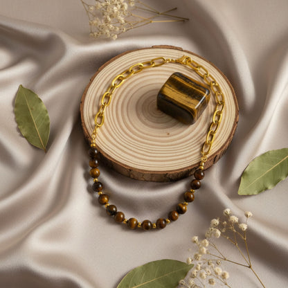 Colar Statement Olho de Tigre - Corrente Dourada