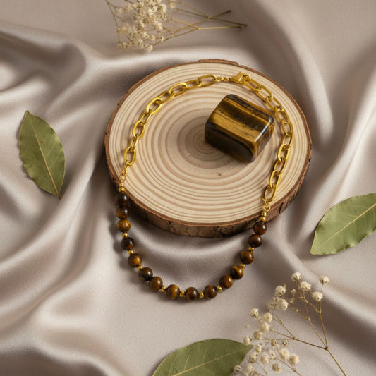 Colar Statement Olho de Tigre - Corrente Dourada