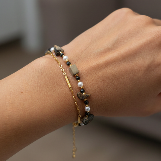 Pulsera Doble - Leopardita, Perlas y Acero Inoxidable Chapado en Oro