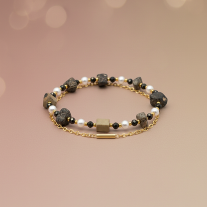Double Bracelet - Leopardite, Pearls and Gold-Plated Stainless Steel