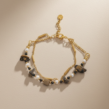 Double Bracelet - Leopardite, Pearls and Gold-Plated Stainless Steel