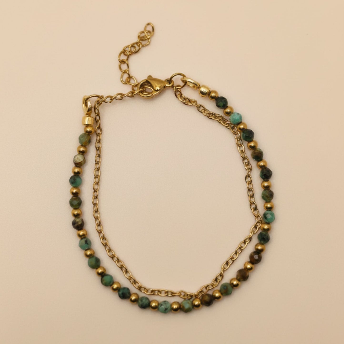 Pulseira Dupla Layering – Turquesa Africana e Aço Inox Dourado