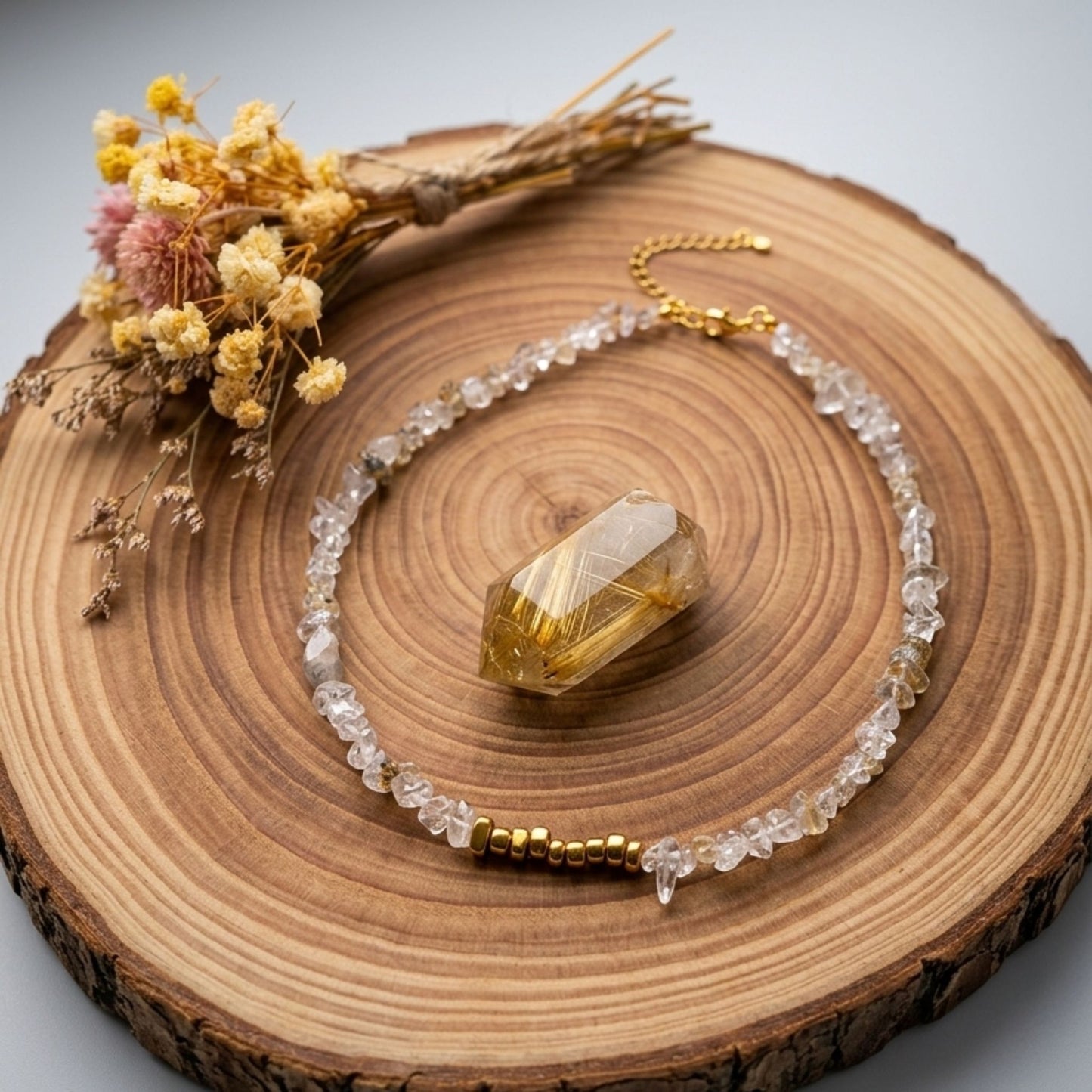 Colar Quartzo Rutilado & Hematite Dourada – Brilho e Foco