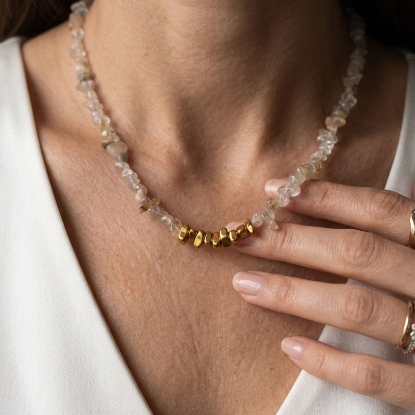 Colar Quartzo Rutilado & Hematite Dourada – Brilho e Foco