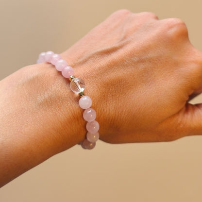 Pulseira Aura Rosa III – Quartzo Rosa e Hematite Dourada