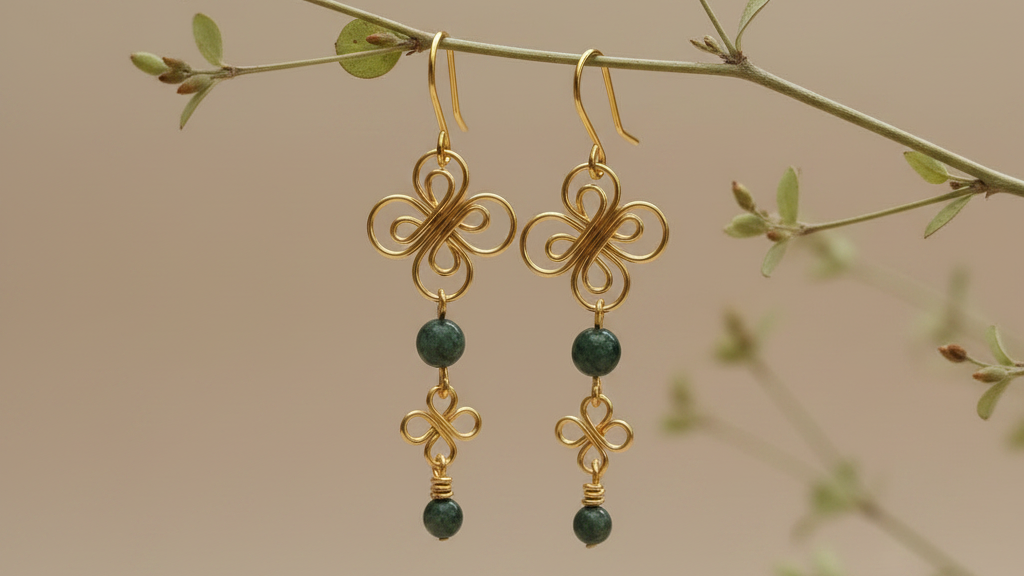 Brincos Filigrana Feitos à Mão com Ágata Musgo — Dourado
