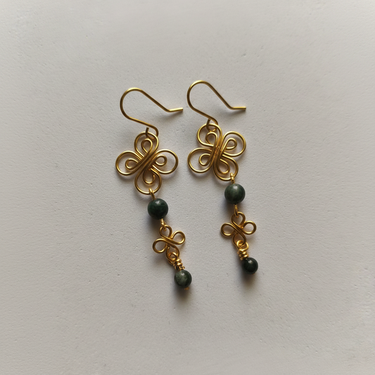 Brincos Filigrana Feitos à Mão com Ágata Musgo — Dourado